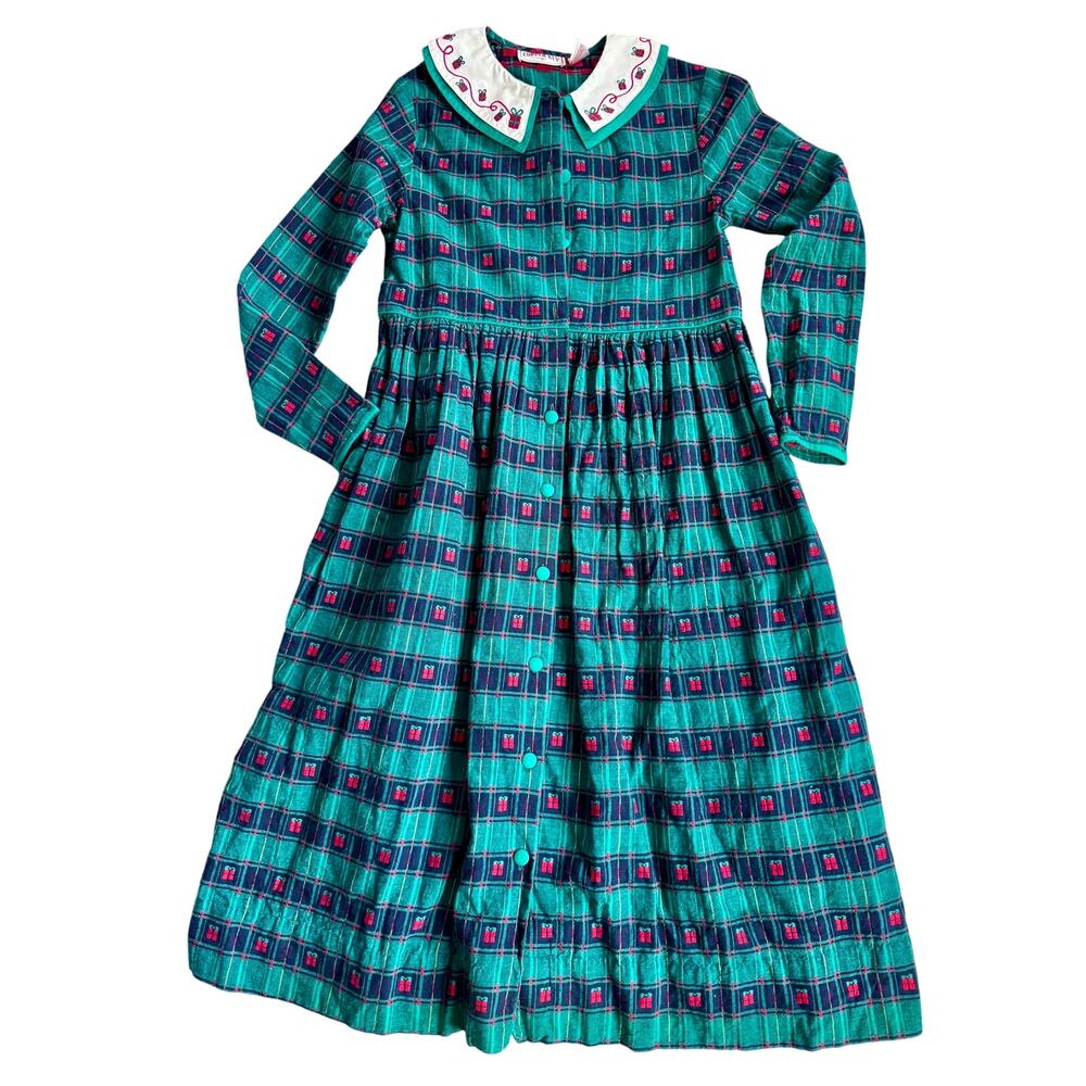 Vtg Copper Key Girl 14 Puritan Collar Christmas Gift Green Plaid Midi Dress